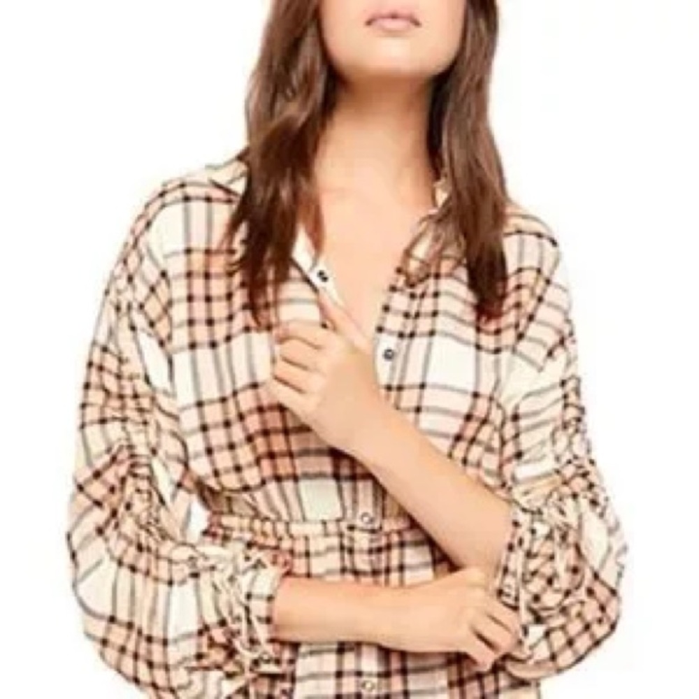 Free People Pacific Plaid Blouse in Cream and Brown